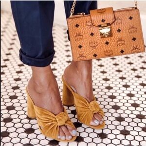 LOEFFLER RANDALL Coco Knotted Velvet Block Heel Mules in Marigold Yellow in 6.5